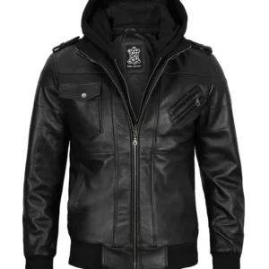 Great — here are product-style descriptions for a black leather jacket with a hood for men: